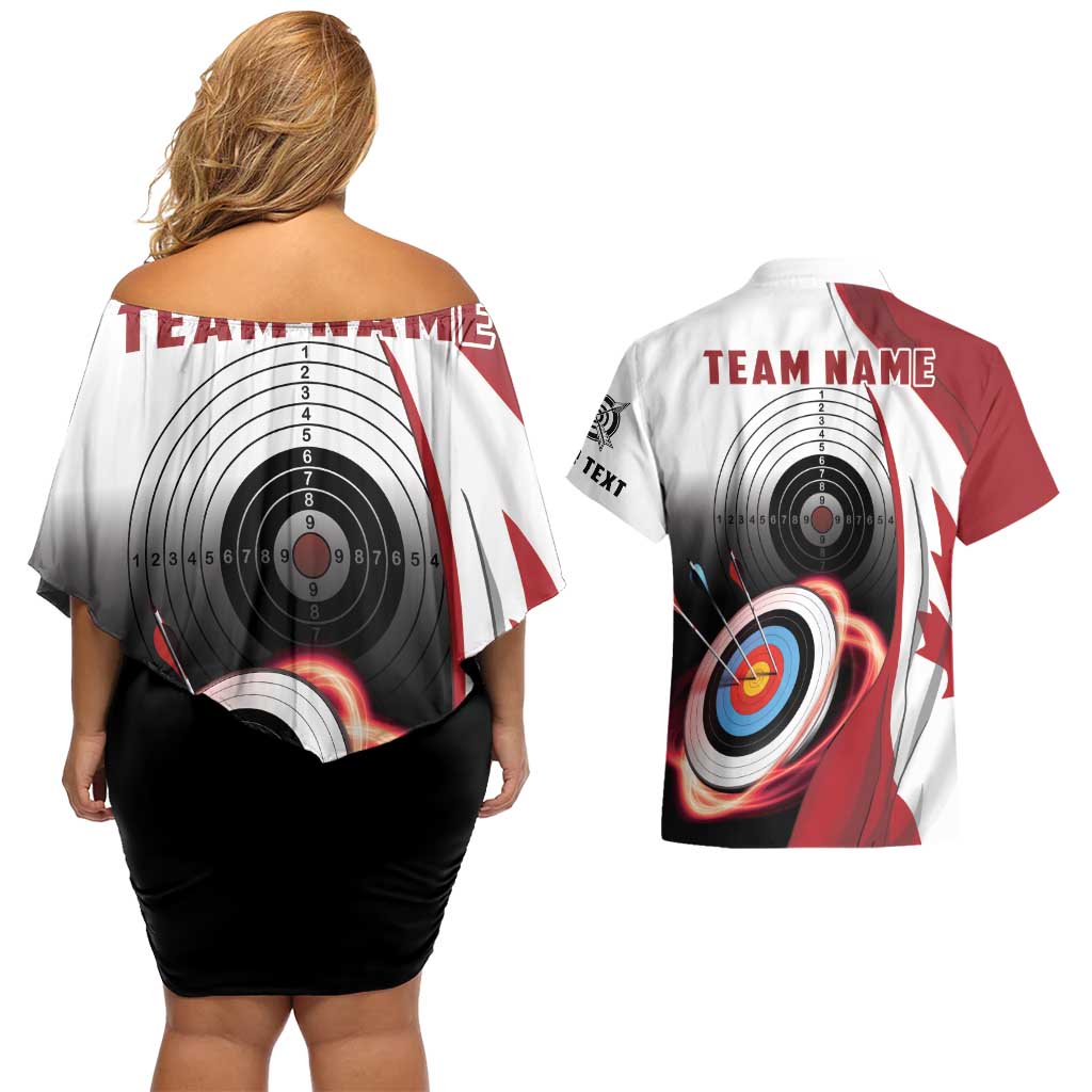 Personalized Canadian Flag Couples Matching Off Shoulder Short Dress and Hawaiian Shirt Canada Archery Target - Maple Leaf