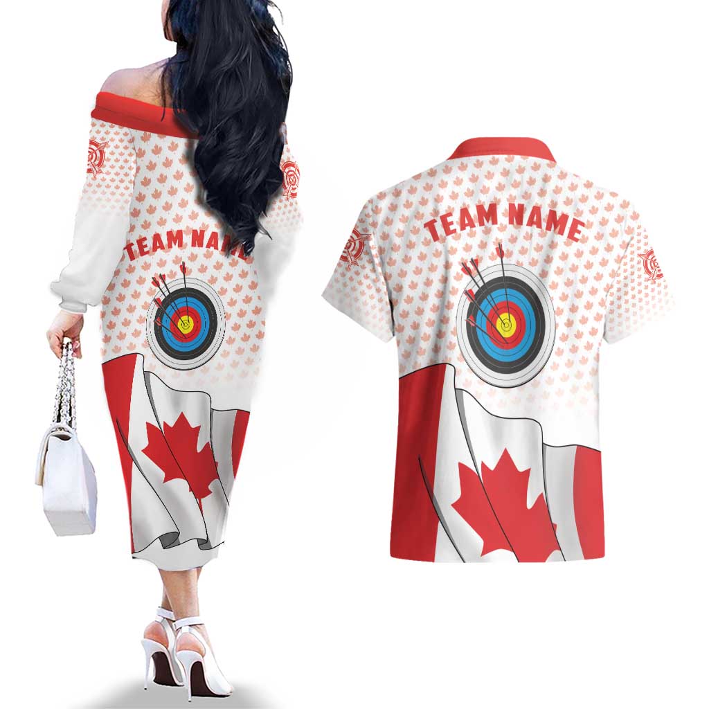 Personalized Canada Archery Couples Matching Off The Shoulder Long Sleeve Dress and Hawaiian Shirt Maple Leaf Canadian Flag
