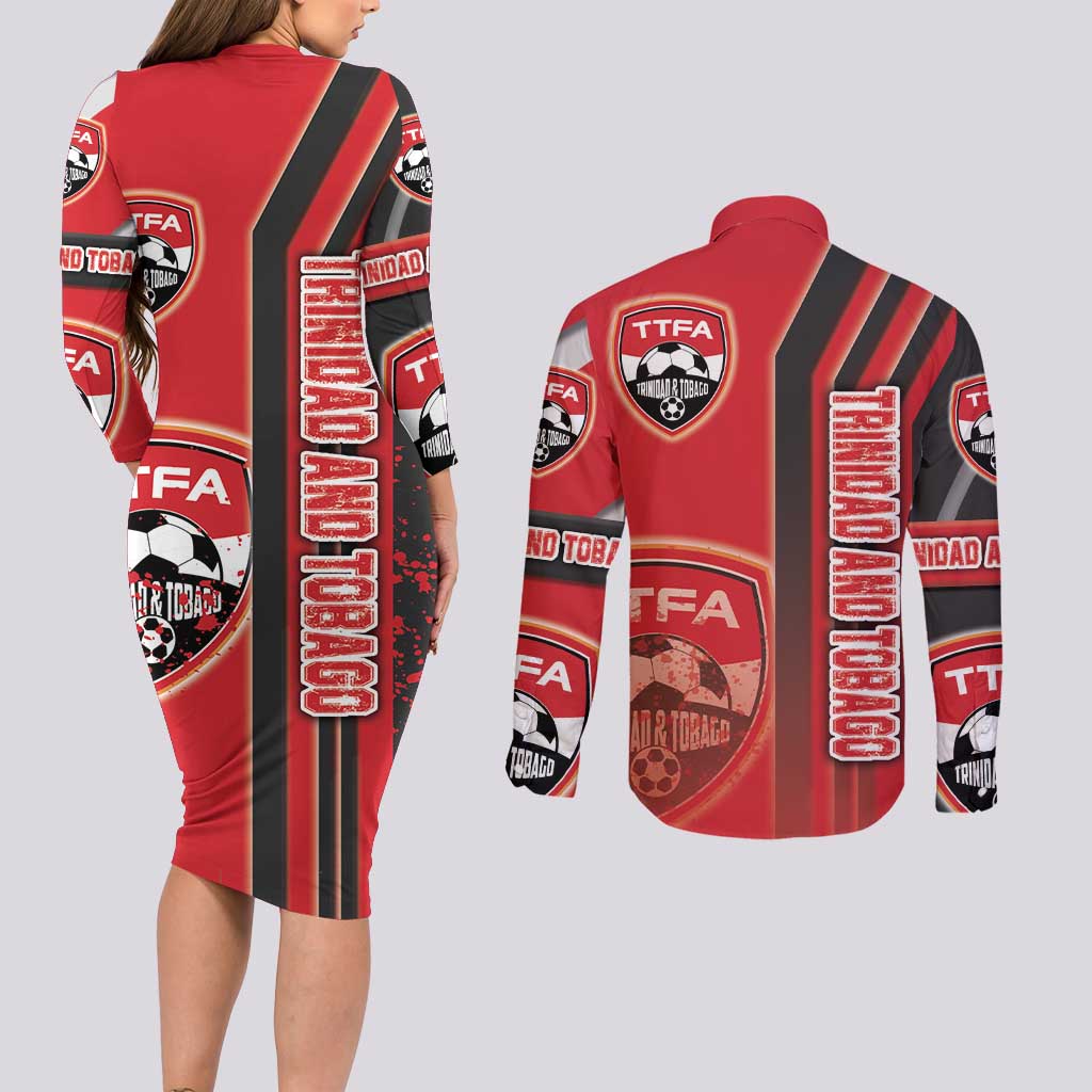 Trinidad and Tobago Football Couples Matching Long Sleeve Bodycon Dress and Long Sleeve Button Shirt Soca Warriors Soccer - Road To Champion