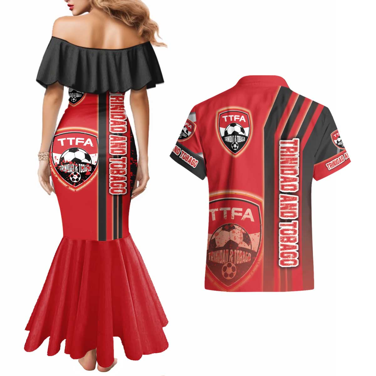 Trinidad and Tobago Football Couples Matching Mermaid Dress and Hawaiian Shirt Soca Warriors Soccer - Road To Champion