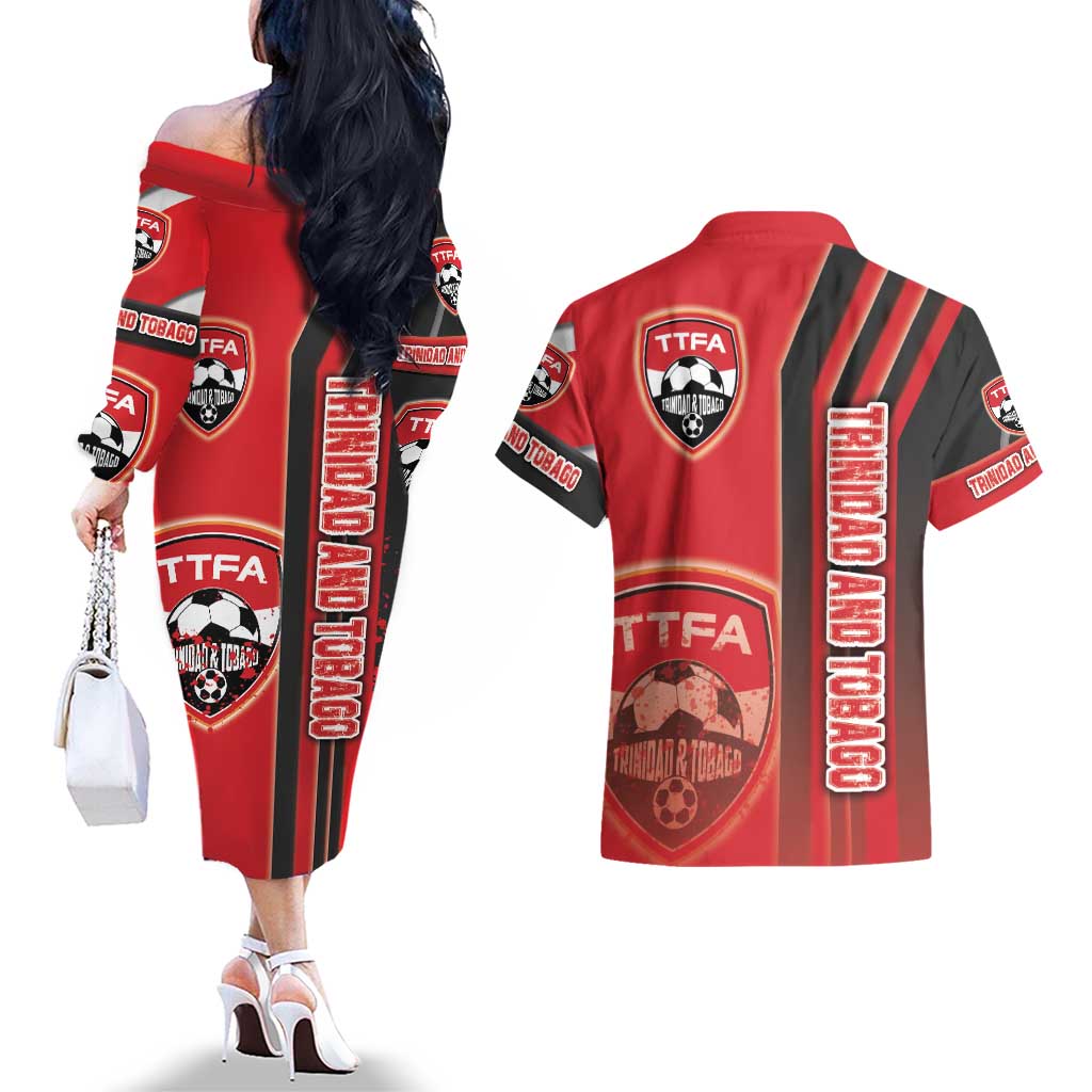 Trinidad and Tobago Football Couples Matching Off The Shoulder Long Sleeve Dress and Hawaiian Shirt Soca Warriors Soccer - Road To Champion