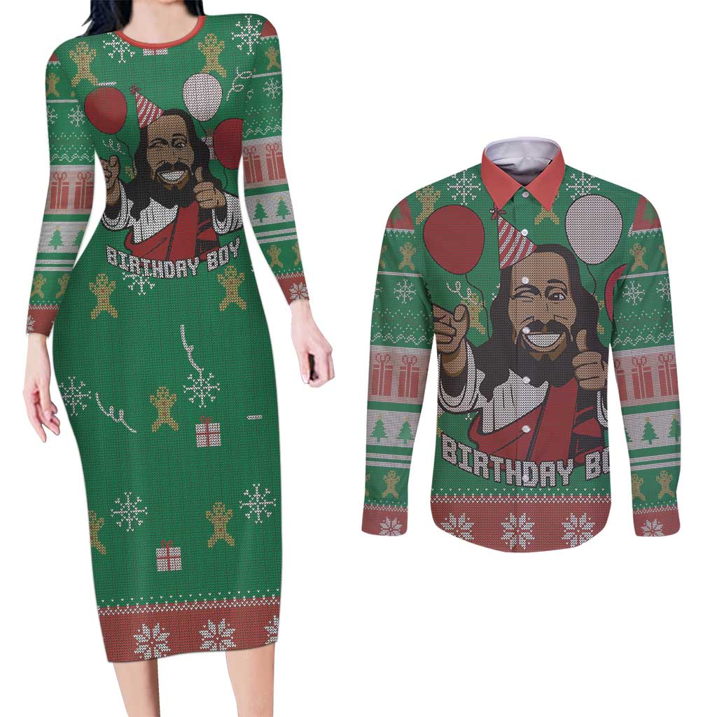 Birthday Boy Jesus Couples Matching Long Sleeve Bodycon Dress and Long Sleeve Button Shirt African Christian - Wonder Print Shop