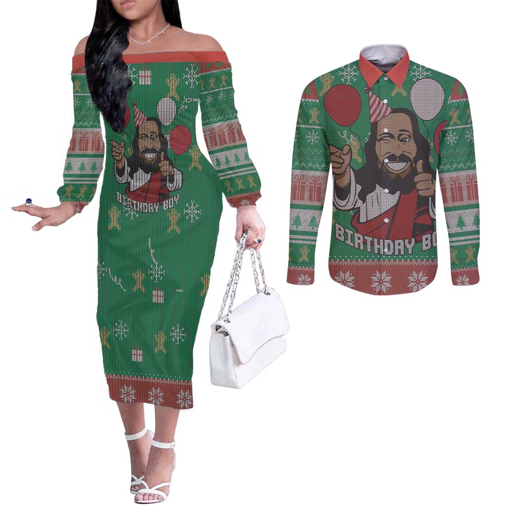 Birthday Boy Jesus Couples Matching Off The Shoulder Long Sleeve Dress and Long Sleeve Button Shirt African Christian