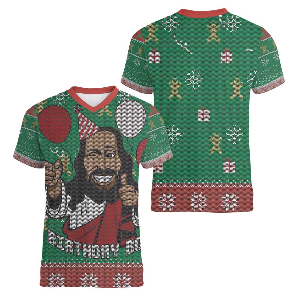 Birthday Boy Jesus Women V-Neck T-Shirt African Christian - Wonder Print Shop