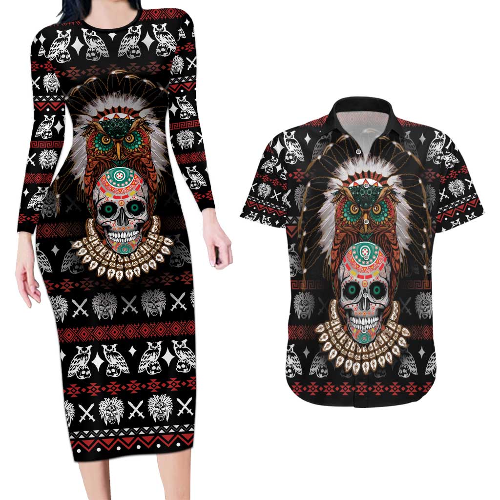 Warrior Of Indian Skull Couples Matching Long Sleeve Bodycon Dress and Hawaiian Shirt Native American - Wonder Print Shop