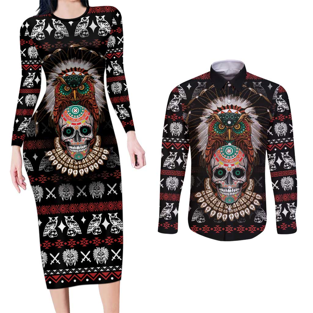 Warrior Of Indian Skull Couples Matching Long Sleeve Bodycon Dress and Long Sleeve Button Shirt Native American - Wonder Print Shop
