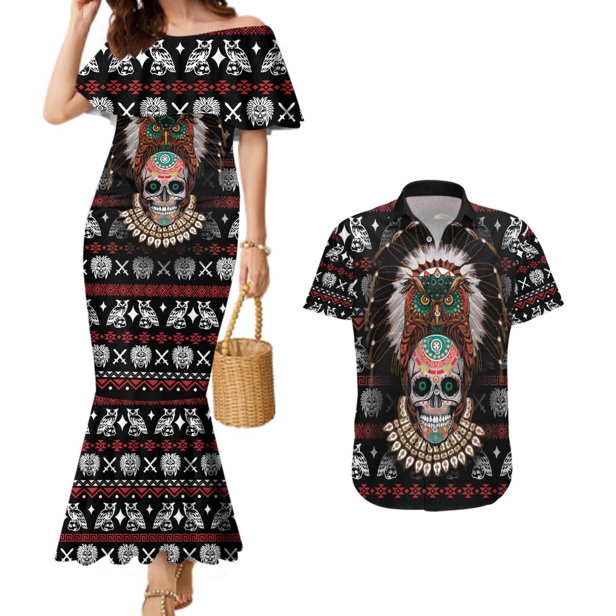 Warrior Of Indian Skull Couples Matching Mermaid Dress and Hawaiian Shirt Native American - Wonder Print Shop