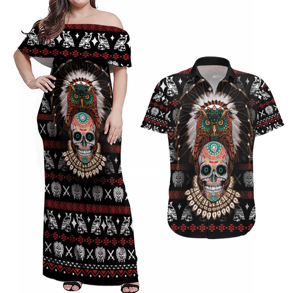 Warrior Of Indian Skull Couples Matching Off Shoulder Maxi Dress and Hawaiian Shirt Native American - Wonder Print Shop