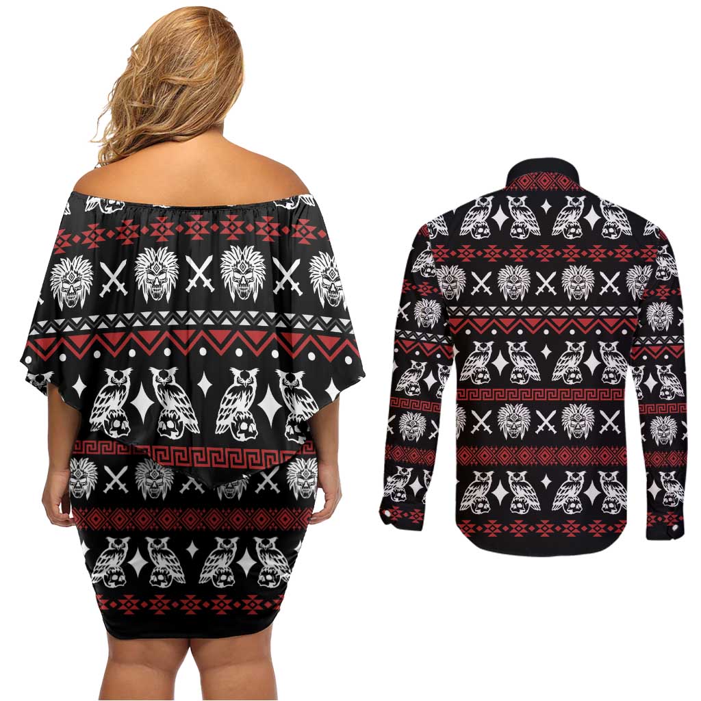 Warrior Of Indian Skull Couples Matching Off Shoulder Short Dress and Long Sleeve Button Shirt Native American - Wonder Print Shop