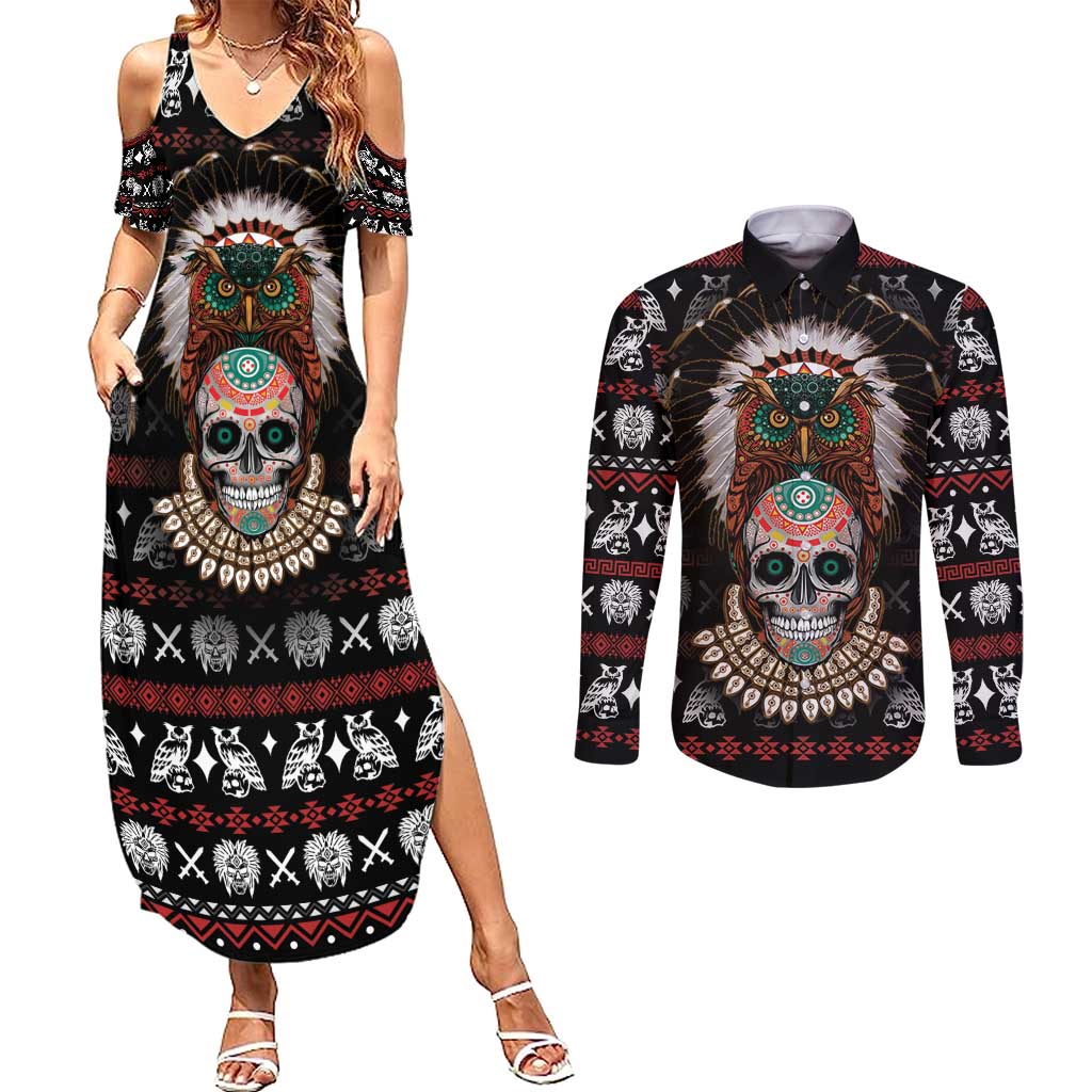 Warrior Of Indian Skull Couples Matching Summer Maxi Dress and Long Sleeve Button Shirt Native American - Wonder Print Shop