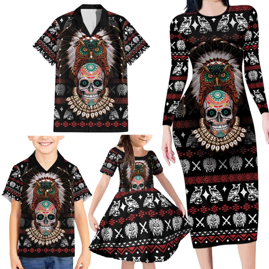 Warrior Of Indian Skull Family Matching Long Sleeve Bodycon Dress and Hawaiian Shirt Native American - Wonder Print Shop