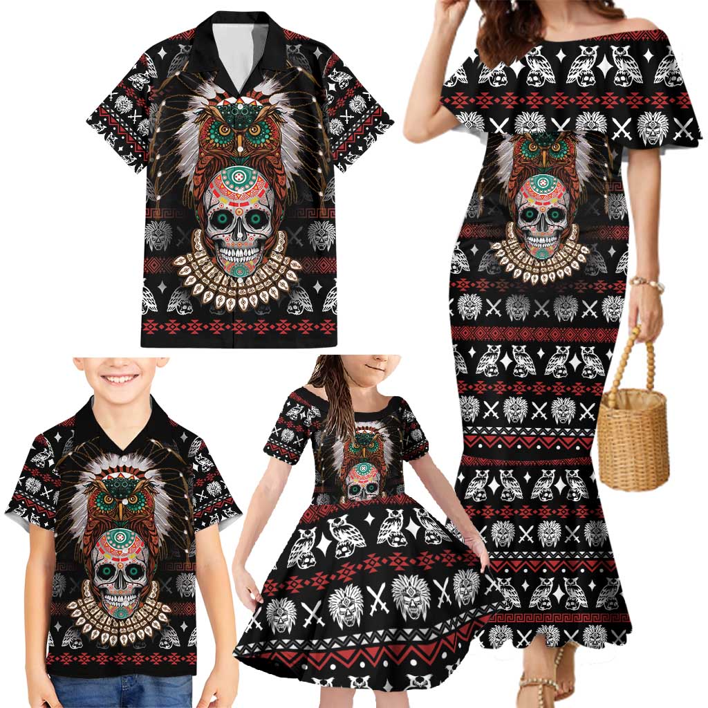 Warrior Of Indian Skull Family Matching Mermaid Dress and Hawaiian Shirt Native American - Wonder Print Shop