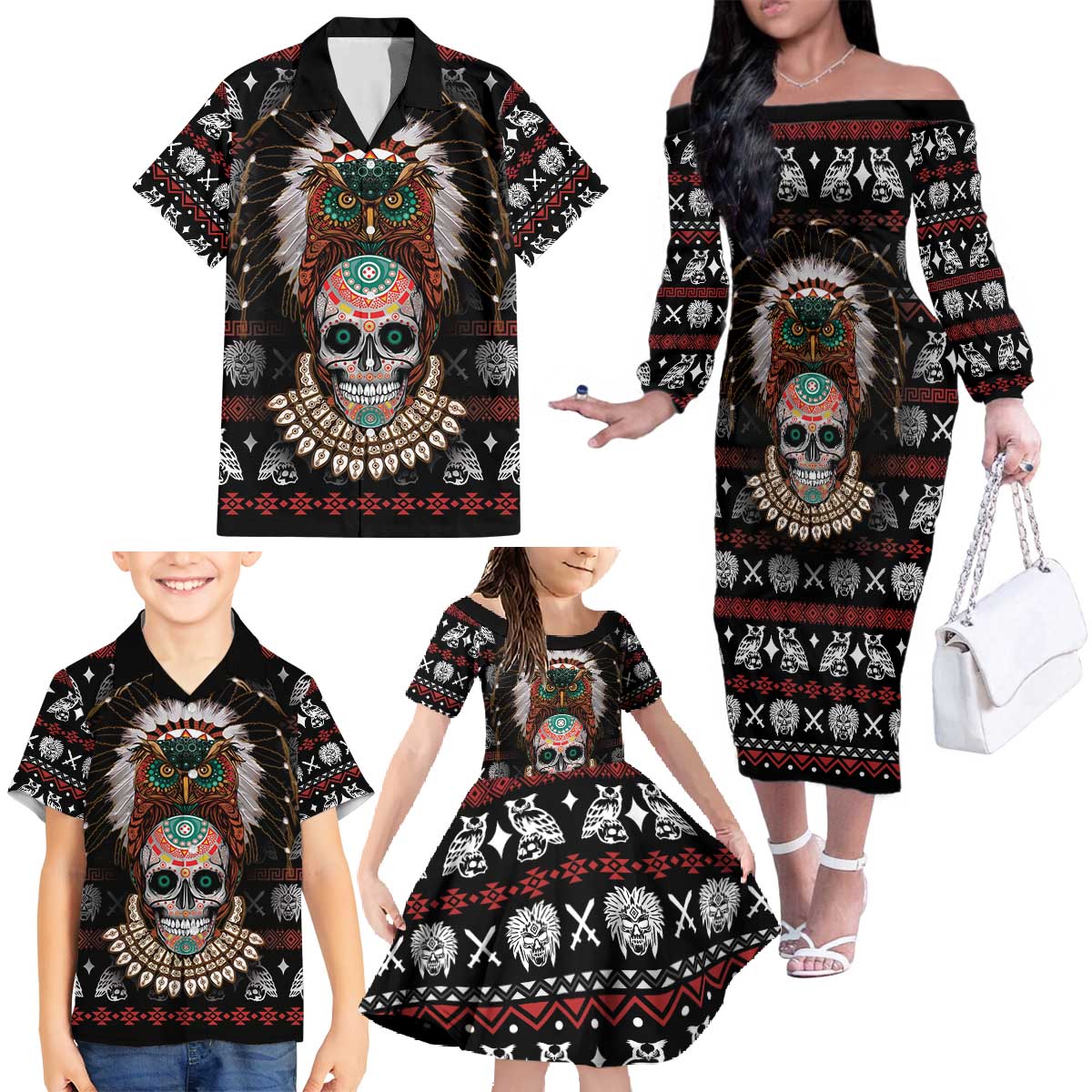 Warrior Of Indian Skull Family Matching Off The Shoulder Long Sleeve Dress and Hawaiian Shirt Native American - Wonder Print Shop
