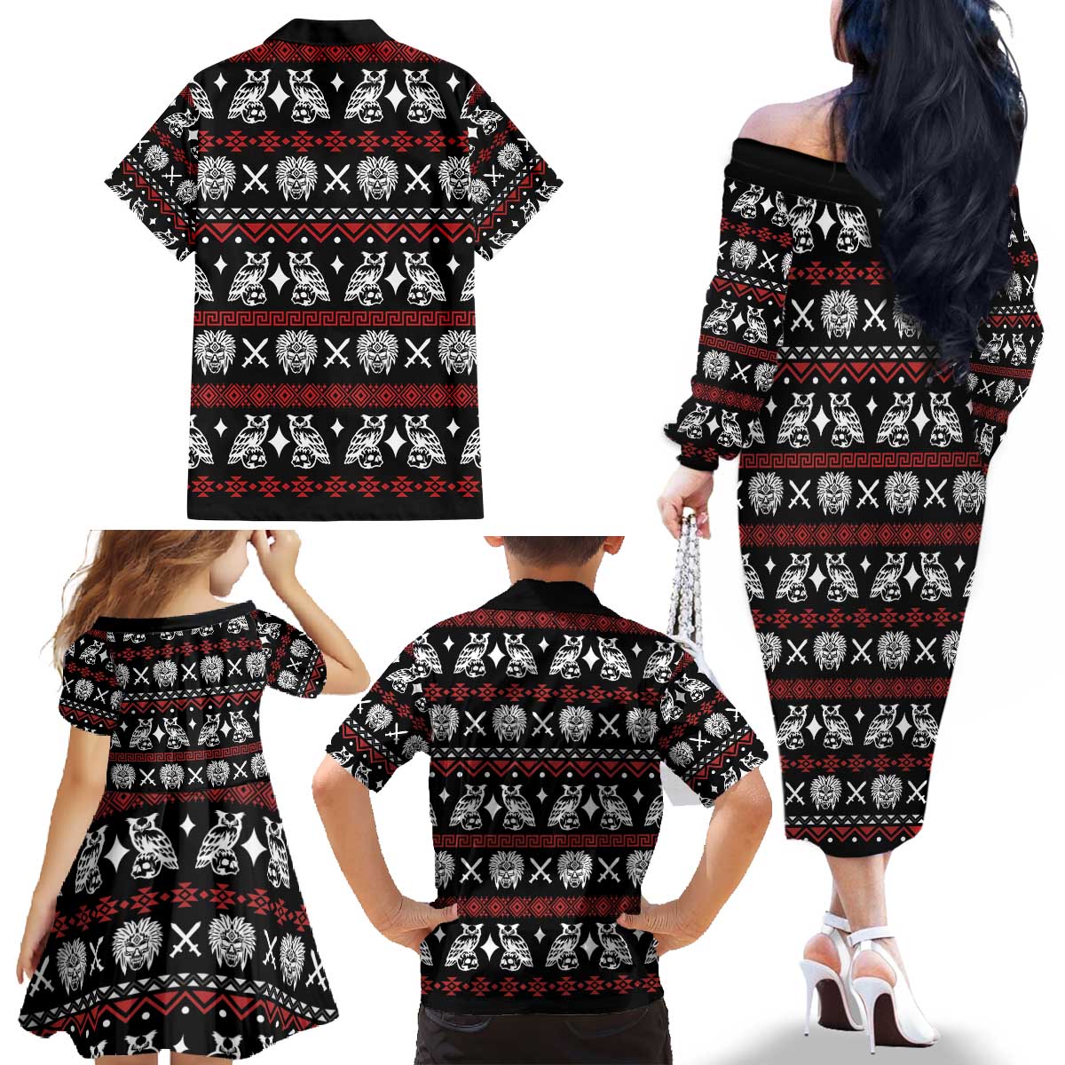 Warrior Of Indian Skull Family Matching Off The Shoulder Long Sleeve Dress and Hawaiian Shirt Native American - Wonder Print Shop