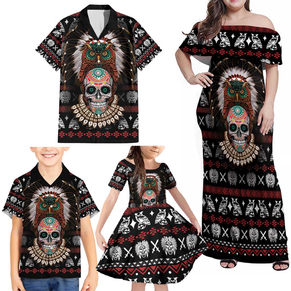 Warrior Of Indian Skull Family Matching Off Shoulder Maxi Dress and Hawaiian Shirt Native American - Wonder Print Shop