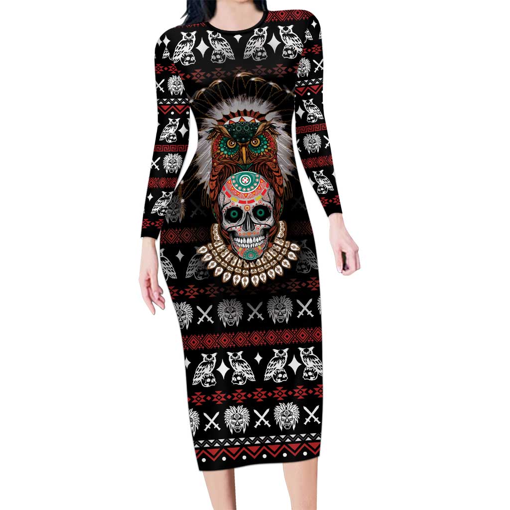 Warrior Of Indian Skull Long Sleeve Bodycon Dress Native American - Wonder Print Shop