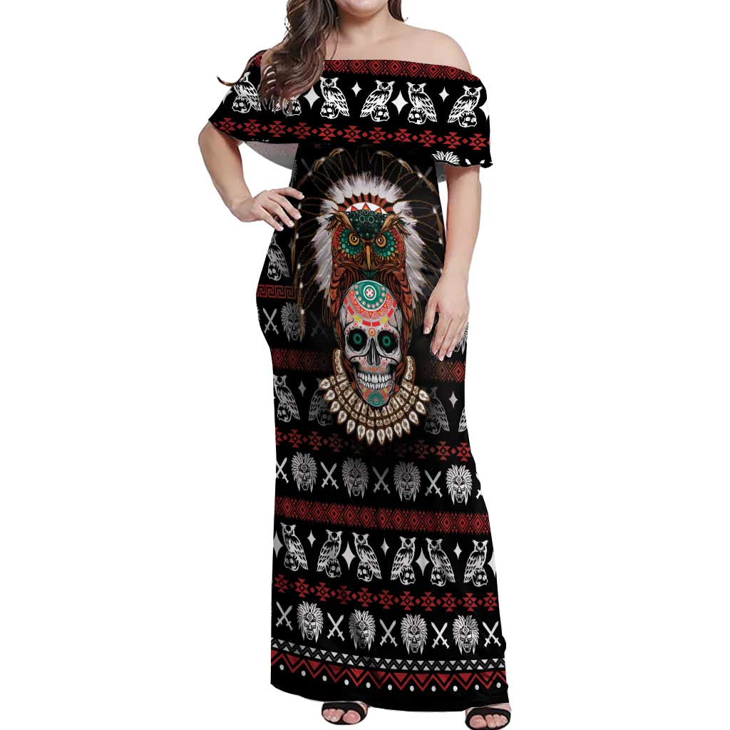 Warrior Of Indian Skull Off Shoulder Maxi Dress Native American - Wonder Print Shop