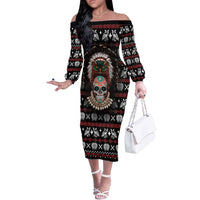 Warrior Of Indian Skull Off The Shoulder Long Sleeve Dress Native American - Wonder Print Shop