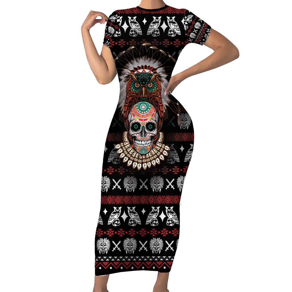 Warrior Of Indian Skull Short Sleeve Bodycon Dress Native American - Wonder Print Shop