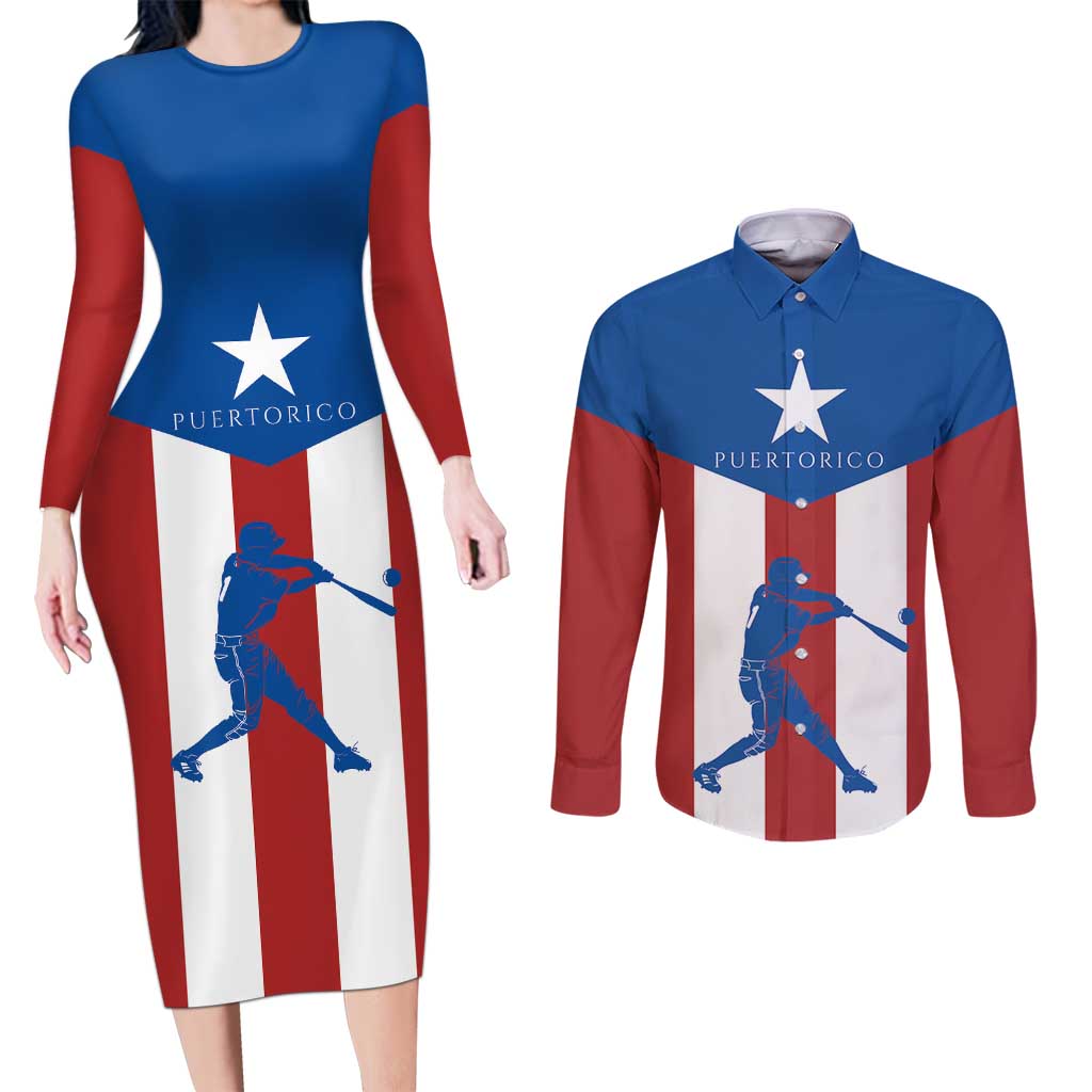 Puerto Rican Baseball Couples Matching Long Sleeve Bodycon Dress and Long Sleeve Button Shirt Boricua Flag Sports