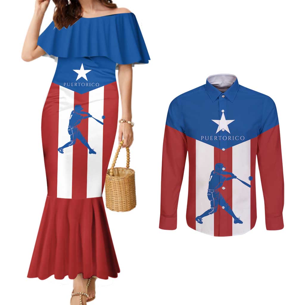 Puerto Rican Baseball Couples Matching Mermaid Dress and Long Sleeve Button Shirt Boricua Flag Sports