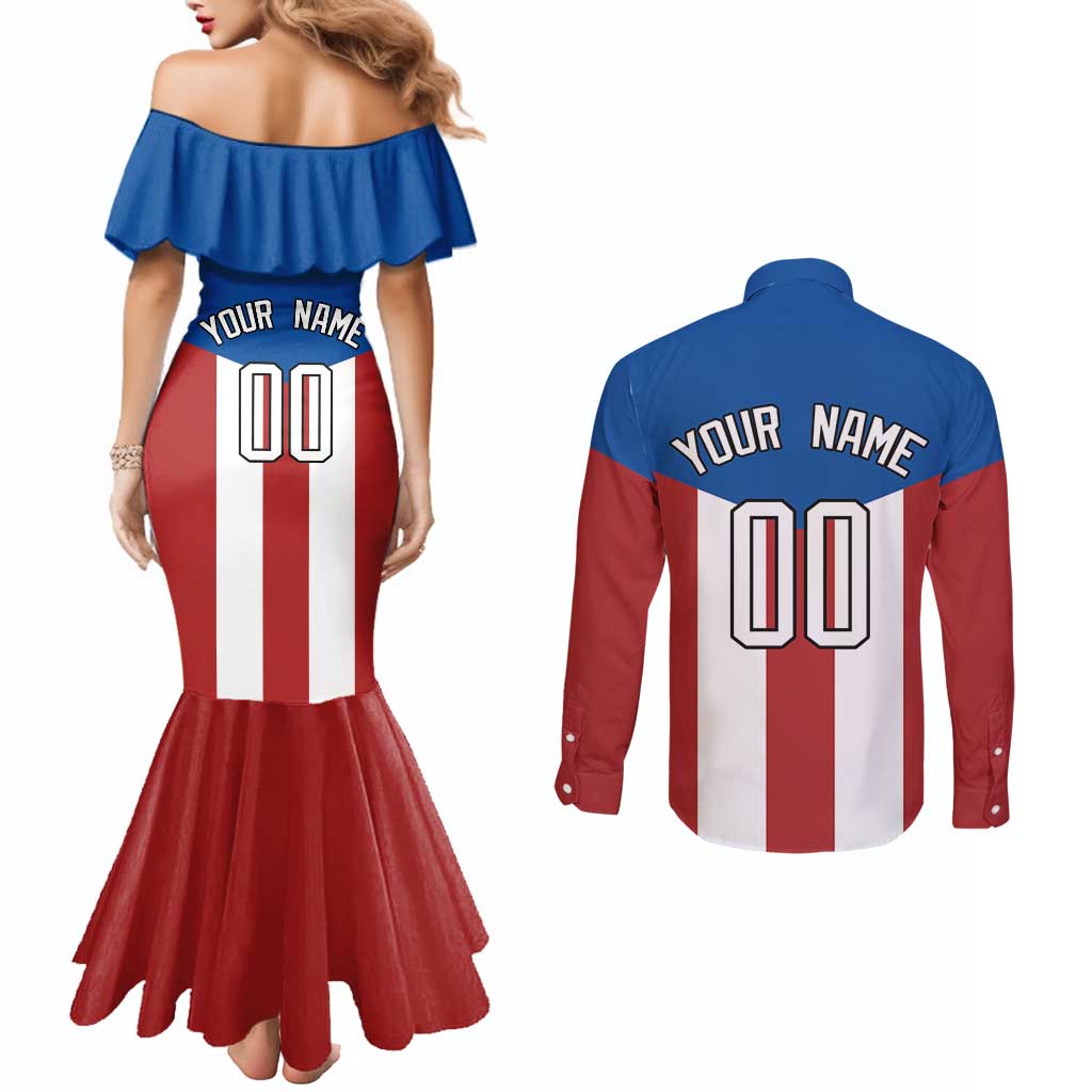 Puerto Rican Baseball Couples Matching Mermaid Dress and Long Sleeve Button Shirt Boricua Flag Sports