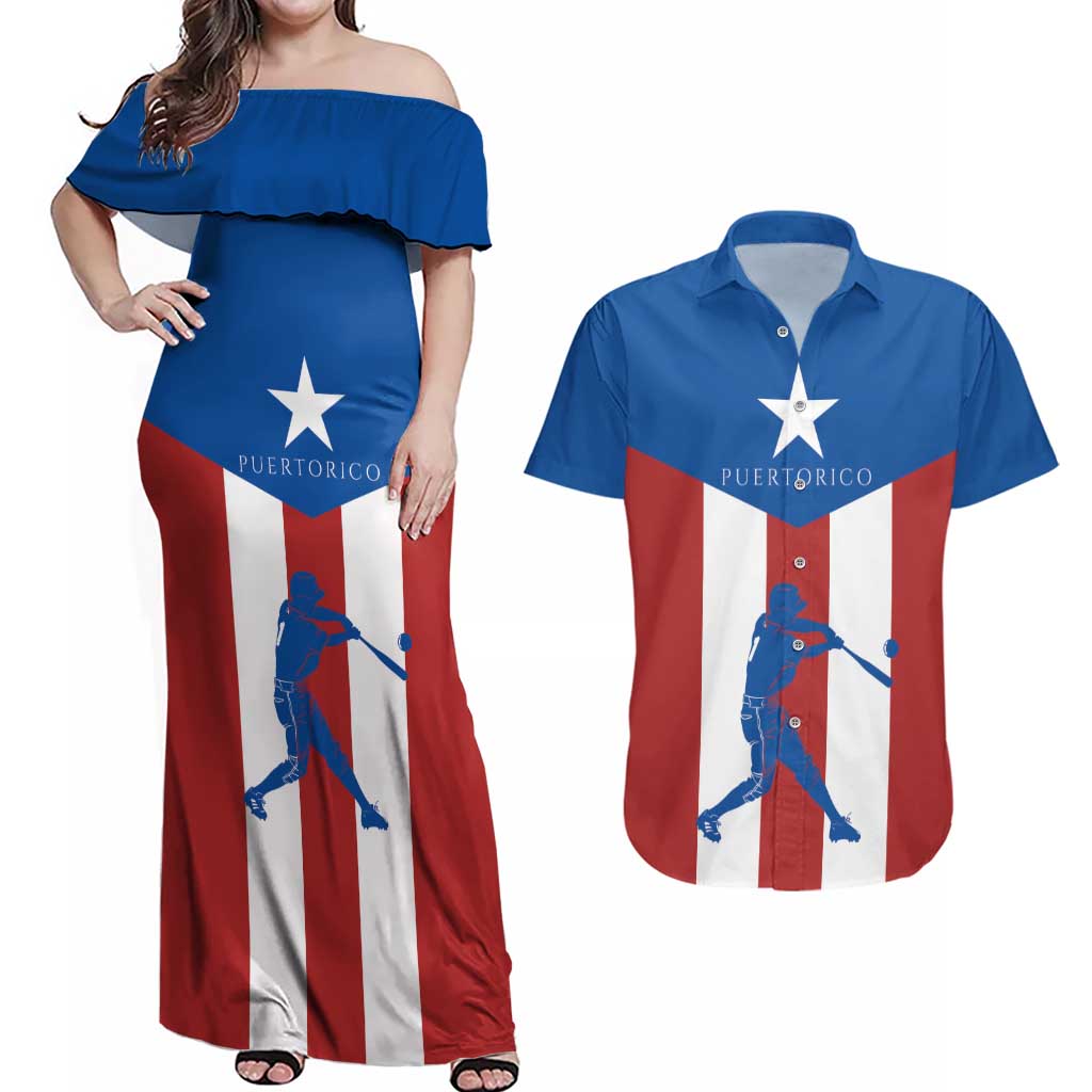 Puerto Rican Baseball Couples Matching Off Shoulder Maxi Dress and Hawaiian Shirt Boricua Flag Sports