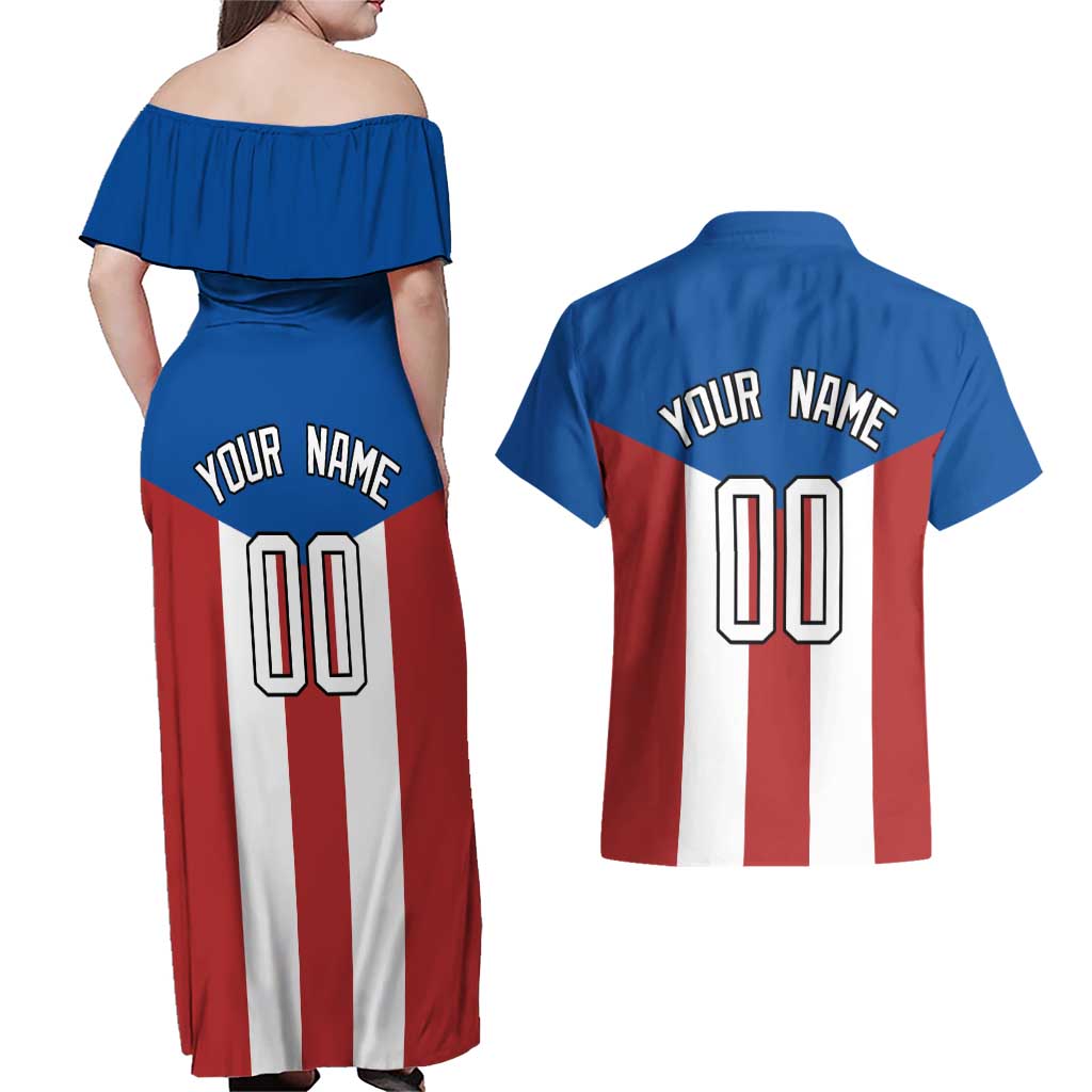 Puerto Rican Baseball Couples Matching Off Shoulder Maxi Dress and Hawaiian Shirt Boricua Flag Sports