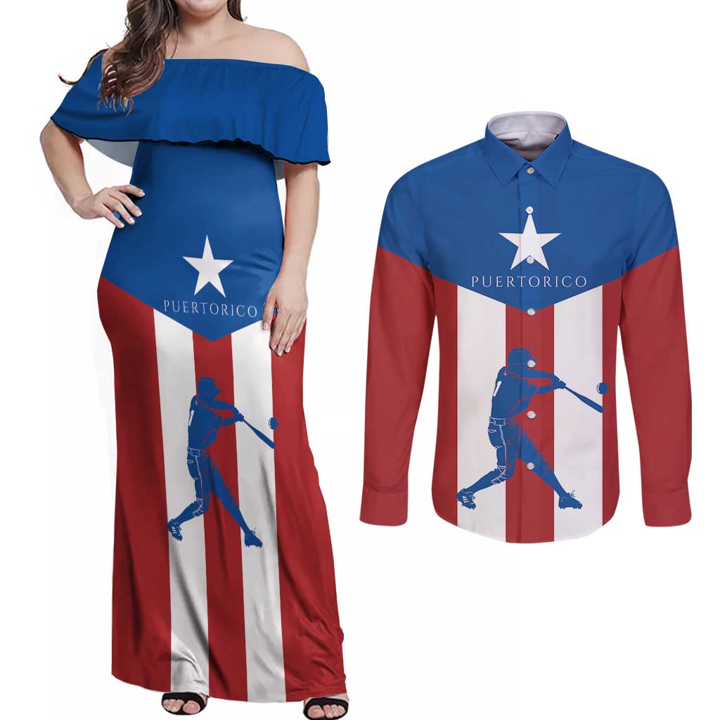 Puerto Rican Baseball Couples Matching Off Shoulder Maxi Dress and Long Sleeve Button Shirt Boricua Flag Sports