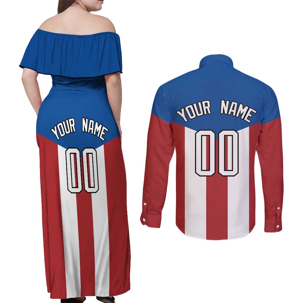 Puerto Rican Baseball Couples Matching Off Shoulder Maxi Dress and Long Sleeve Button Shirt Boricua Flag Sports