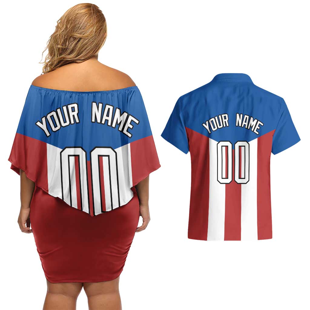 Puerto Rican Baseball Couples Matching Off Shoulder Short Dress and Hawaiian Shirt Boricua Flag Sports