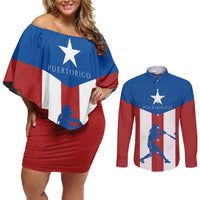 Puerto Rican Baseball Couples Matching Off Shoulder Short Dress and Long Sleeve Button Shirt Boricua Flag Sports