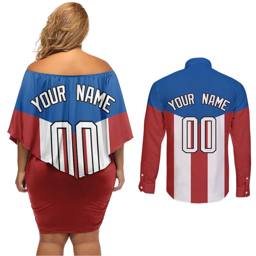 Puerto Rican Baseball Couples Matching Off Shoulder Short Dress and Long Sleeve Button Shirt Boricua Flag Sports