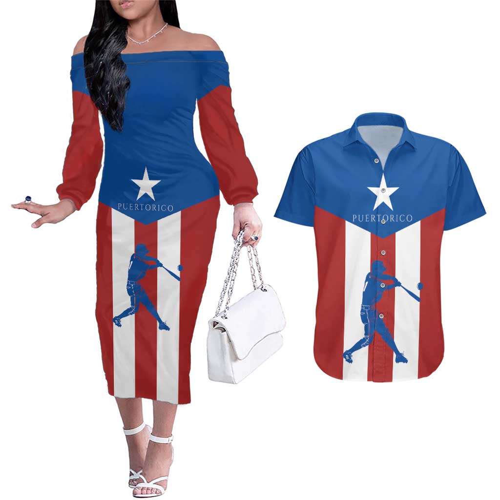 Puerto Rican Baseball Couples Matching Off The Shoulder Long Sleeve Dress and Hawaiian Shirt Boricua Flag Sports