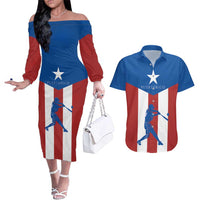 Puerto Rican Baseball Couples Matching Off The Shoulder Long Sleeve Dress and Hawaiian Shirt Boricua Flag Sports