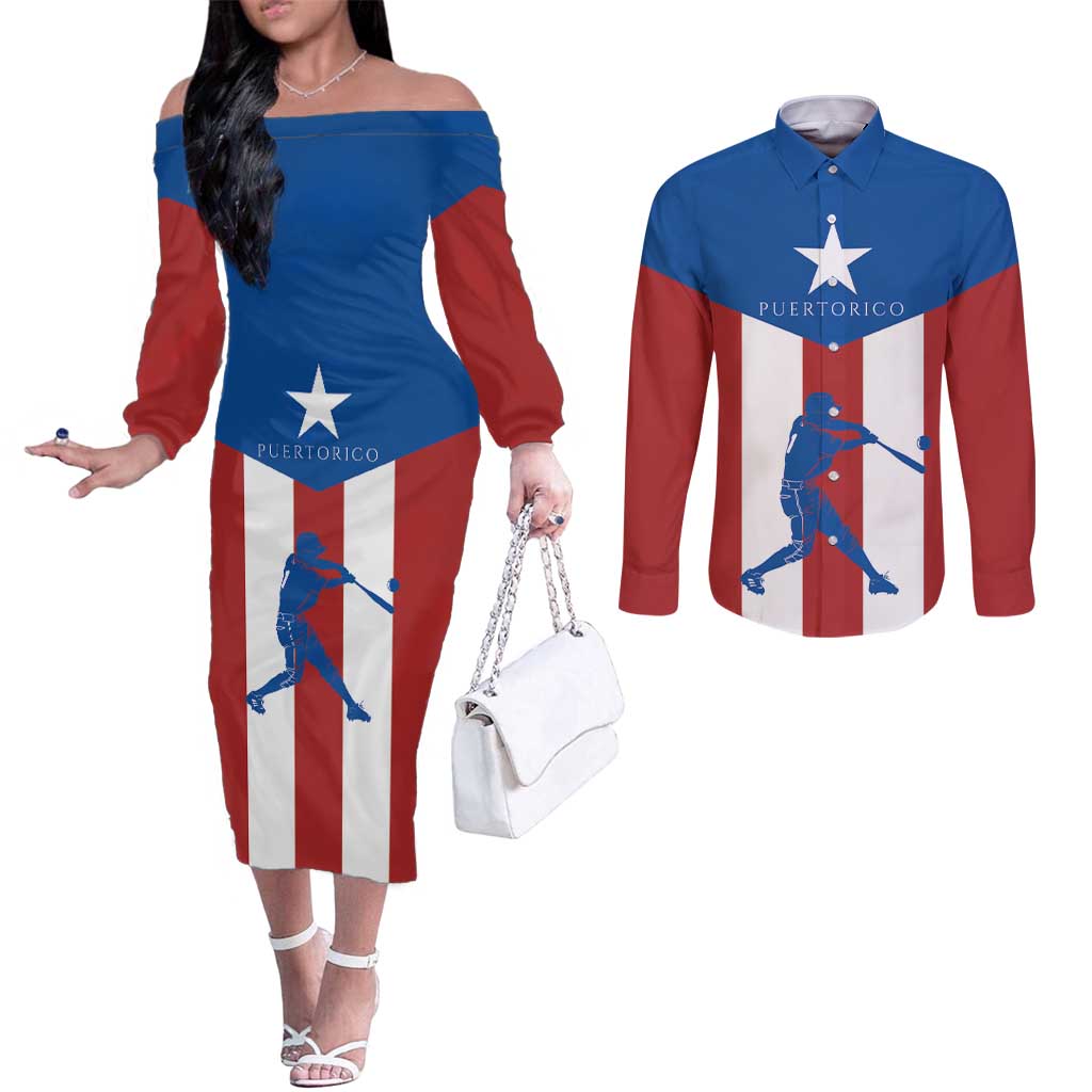 Puerto Rican Baseball Couples Matching Off The Shoulder Long Sleeve Dress and Long Sleeve Button Shirt Boricua Flag Sports