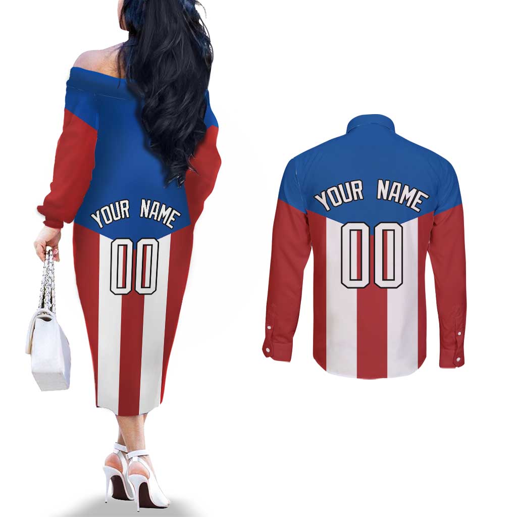 Puerto Rican Baseball Couples Matching Off The Shoulder Long Sleeve Dress and Long Sleeve Button Shirt Boricua Flag Sports