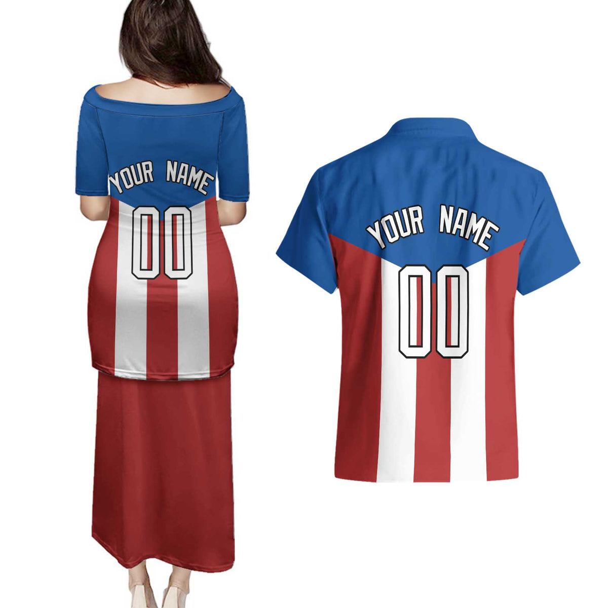 Puerto Rican Baseball Couples Matching Puletasi and Hawaiian Shirt Boricua Flag Sports