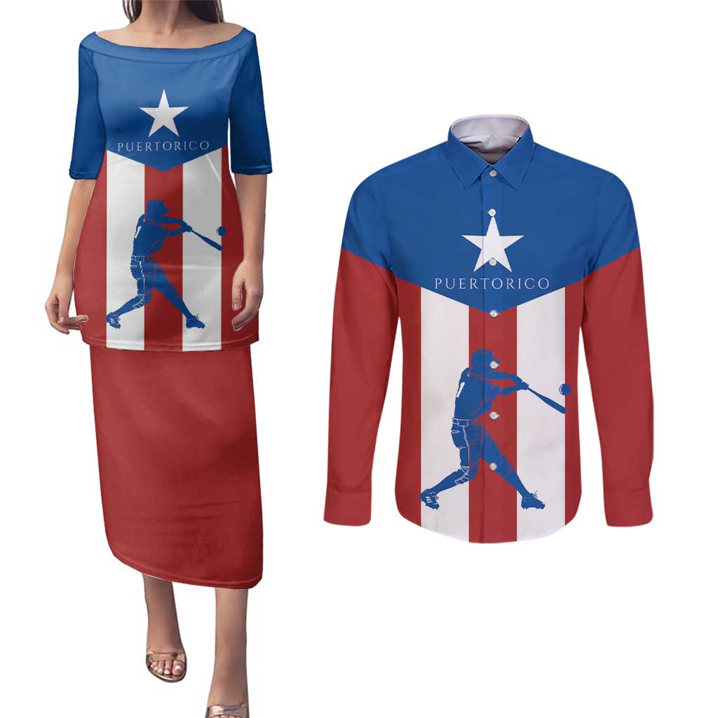 Puerto Rican Baseball Couples Matching Puletasi and Long Sleeve Button Shirt Boricua Flag Sports