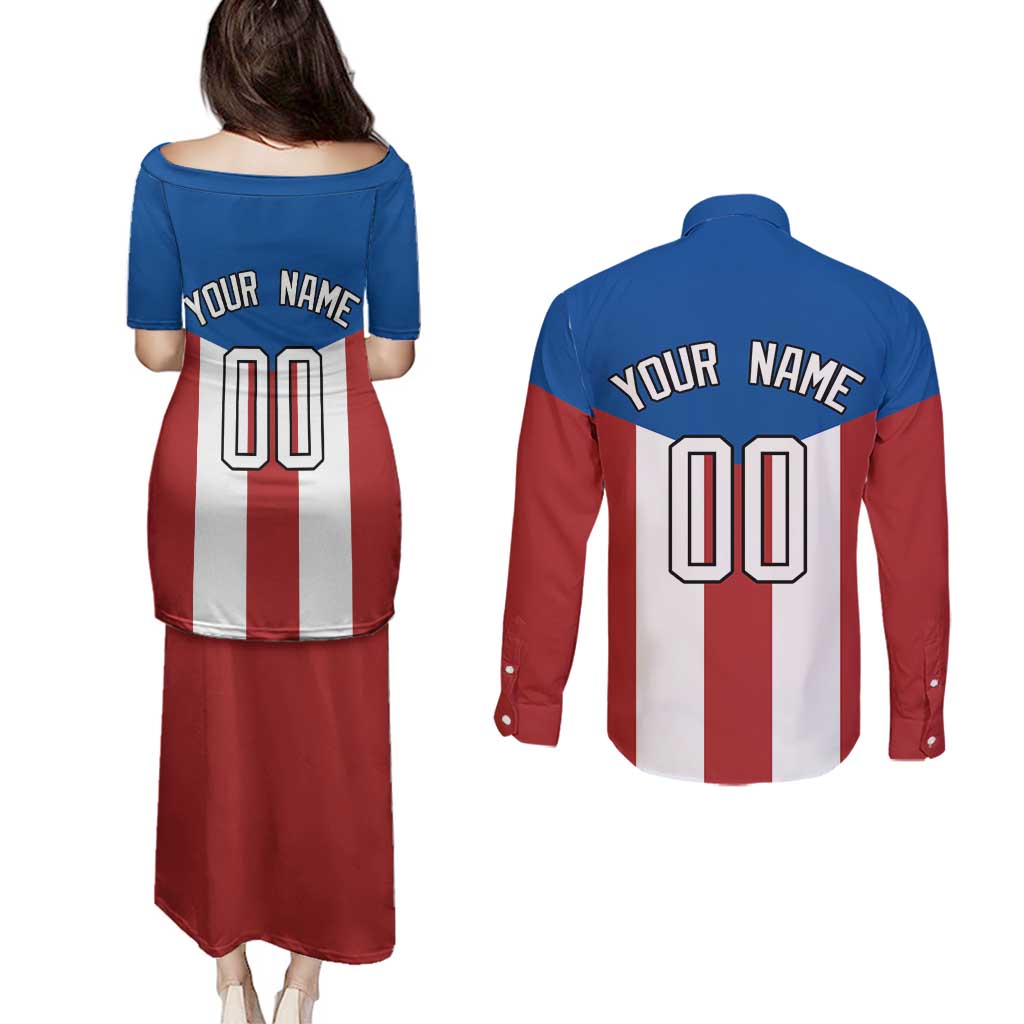 Puerto Rican Baseball Couples Matching Puletasi and Long Sleeve Button Shirt Boricua Flag Sports
