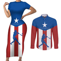Puerto Rican Baseball Couples Matching Short Sleeve Bodycon Dress and Long Sleeve Button Shirt Boricua Flag Sports