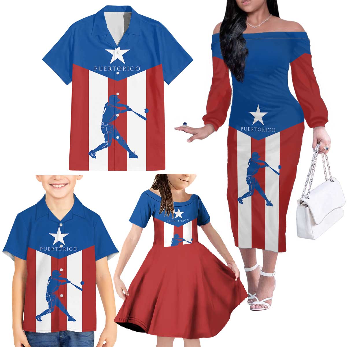 Puerto Rican Baseball Family Matching Off The Shoulder Long Sleeve Dress and Hawaiian Shirt Boricua Flag Sports
