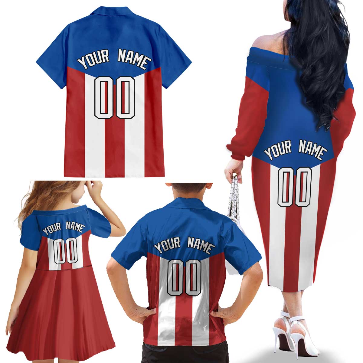 Puerto Rican Baseball Family Matching Off The Shoulder Long Sleeve Dress and Hawaiian Shirt Boricua Flag Sports