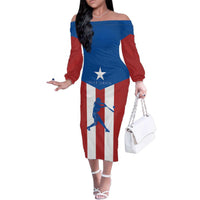 Puerto Rican Baseball Family Matching Off The Shoulder Long Sleeve Dress and Hawaiian Shirt Boricua Flag Sports