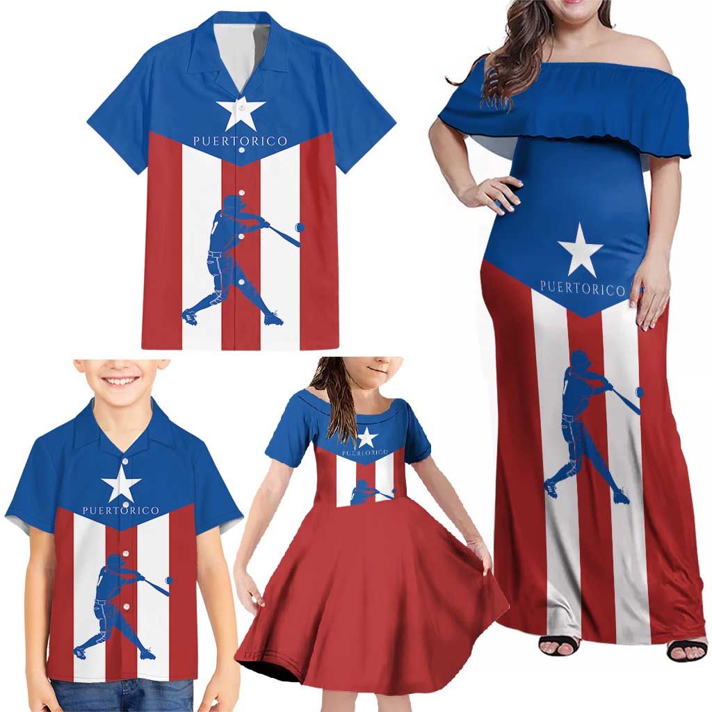 Puerto Rican Baseball Family Matching Off Shoulder Maxi Dress and Hawaiian Shirt Boricua Flag Sports