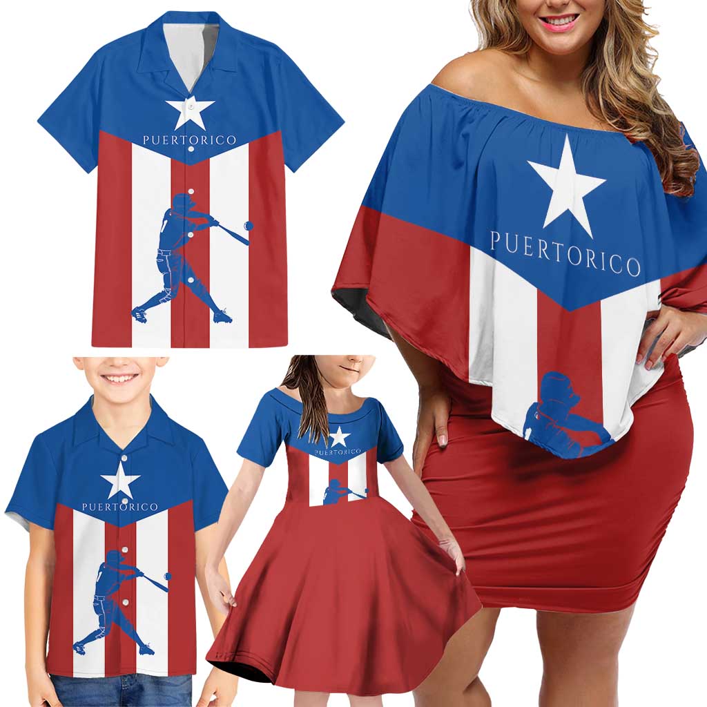 Puerto Rican Baseball Family Matching Off Shoulder Short Dress and Hawaiian Shirt Boricua Flag Sports