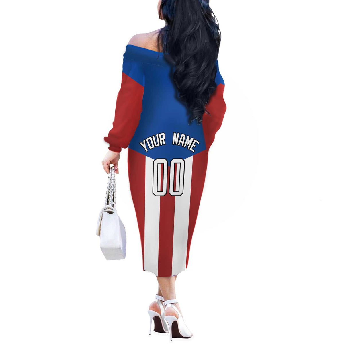Puerto Rican Baseball Off The Shoulder Long Sleeve Dress Boricua Flag Sports