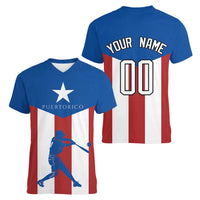 Puerto Rican Baseball Women V-Neck T-Shirt Boricua Flag Sports