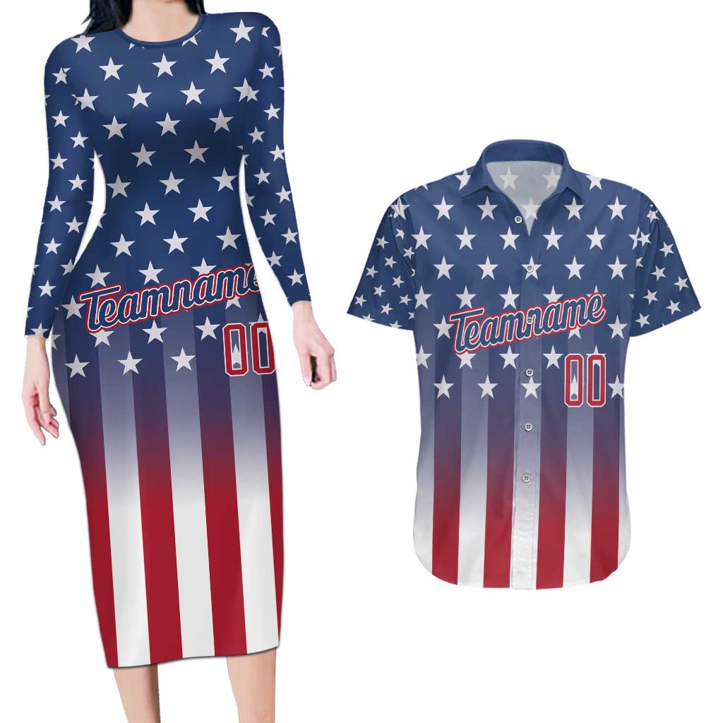 Personalized Team Name American Couples Matching Long Sleeve Bodycon Dress and Hawaiian Shirt USA Flag Fashion Sports