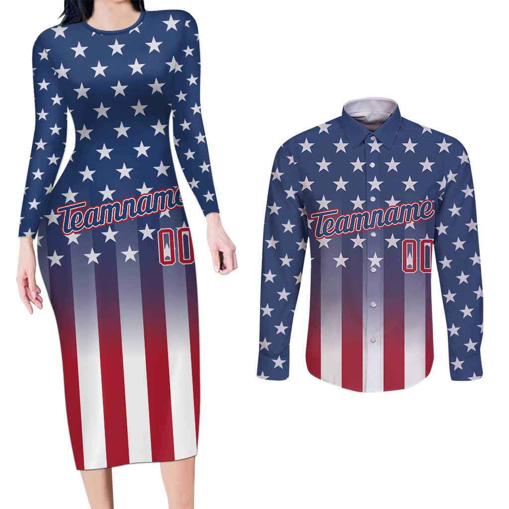 Personalized Team Name American Couples Matching Long Sleeve Bodycon Dress and Long Sleeve Button Shirt USA Flag Fashion Sports